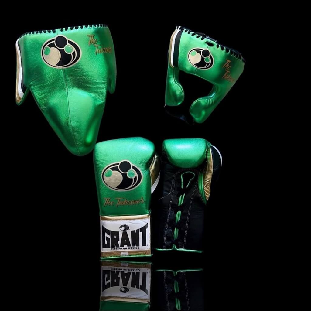 Grant Boxing Set Green/Black/Gold 14oz Gloves with Headguard Training Kit